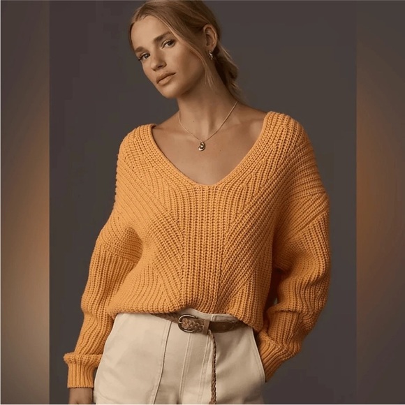 Anthropologie Sweaters - Anthropologie Maeve V-Neck Knit Sculptured Chunky Pullover Sweater XL Orange